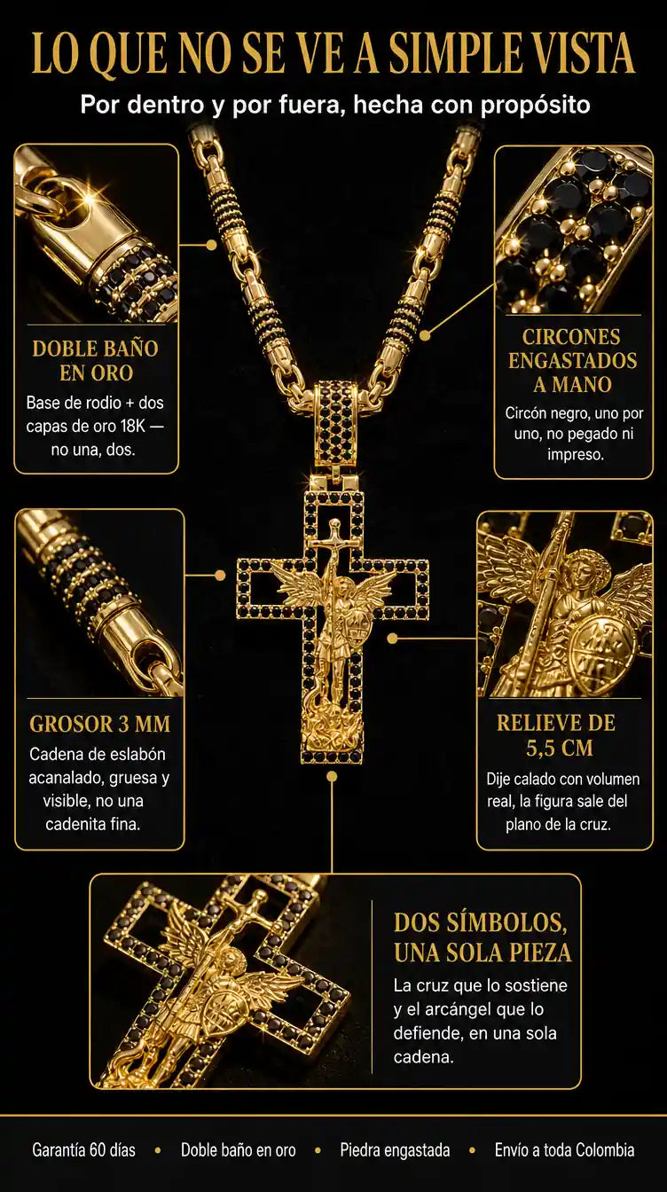 Detalles del baño en oro circones grosor y relieve de la Cruz de San Miguel
